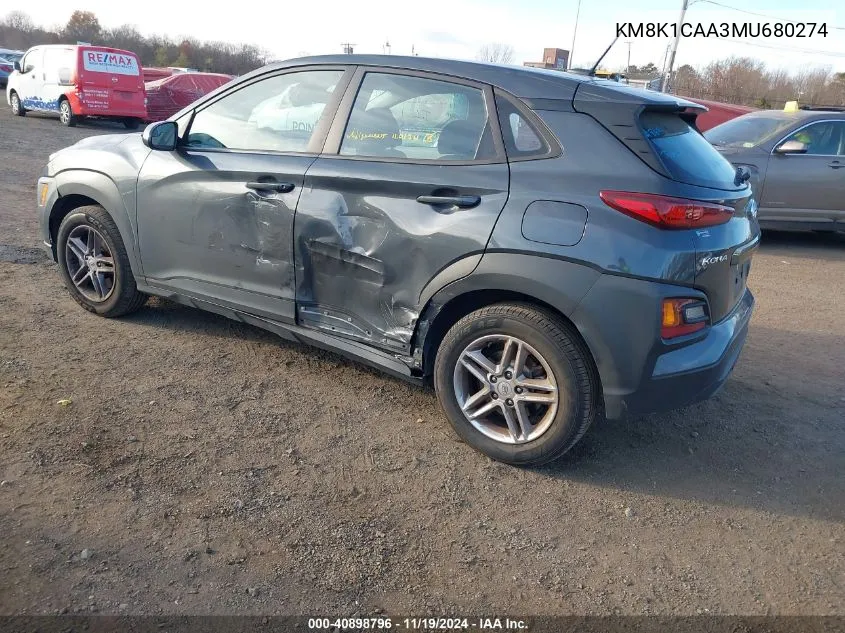 2021 Hyundai Kona Se VIN: KM8K1CAA3MU680274 Lot: 40898796