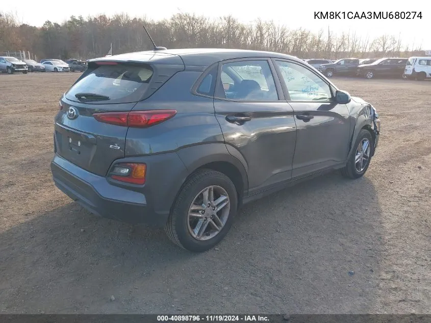 2021 Hyundai Kona Se VIN: KM8K1CAA3MU680274 Lot: 40898796