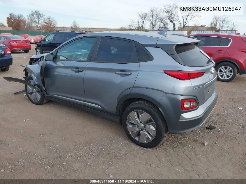 2021 Hyundai Kona Electric Limited VIN: KM8K33AG0MU126947 Lot: 40911658