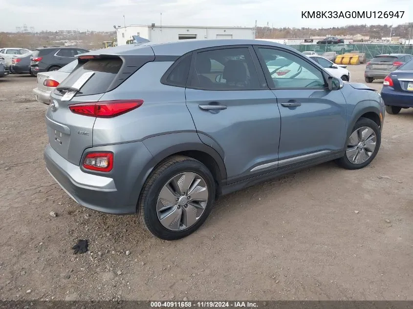 2021 Hyundai Kona Electric Limited VIN: KM8K33AG0MU126947 Lot: 40911658