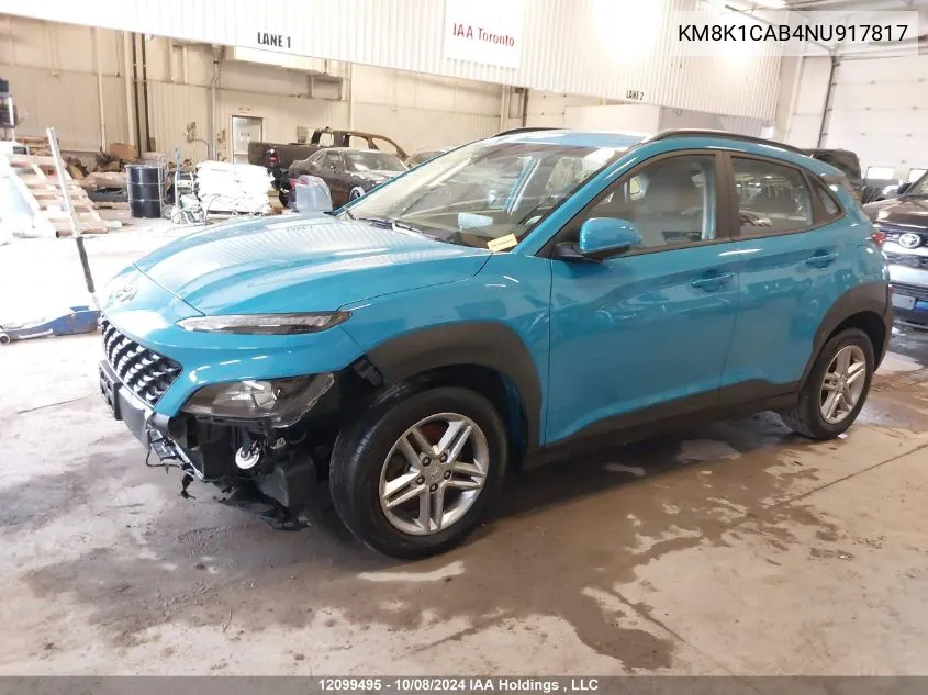 2022 Hyundai Kona Se VIN: KM8K1CAB4NU917817 Lot: 12099495