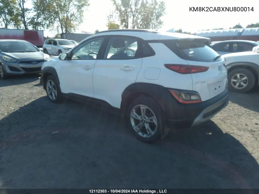 2022 Hyundai Kona Sel/Se VIN: KM8K2CABXNU800014 Lot: 12112303