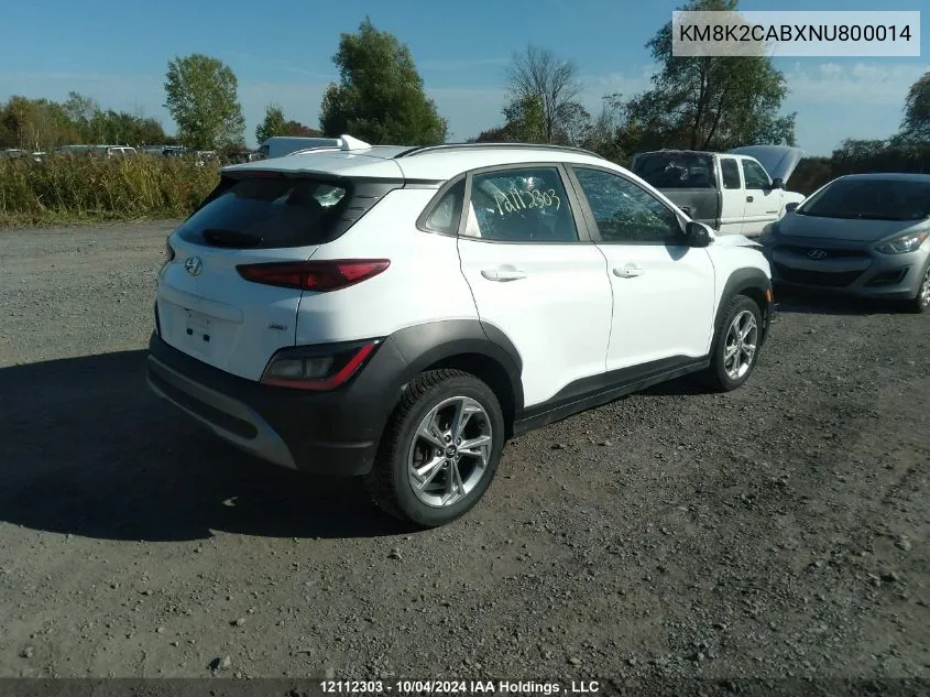 2022 Hyundai Kona Sel/Se VIN: KM8K2CABXNU800014 Lot: 12112303