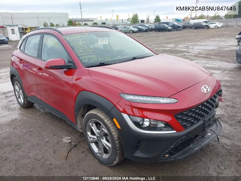 2022 Hyundai Kona Sel/Se VIN: KM8K2CAB5NU847645 Lot: 12112640