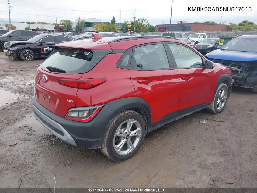 2022 Hyundai Kona Sel/Se VIN: KM8K2CAB5NU847645 Lot: 12112640