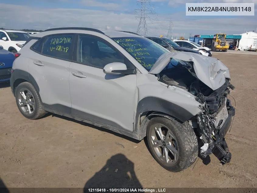 2022 Hyundai Kona Sel/Se VIN: KM8K22AB4NU881148 Lot: 12115418