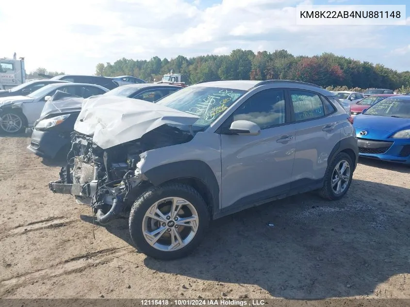 2022 Hyundai Kona Sel/Se VIN: KM8K22AB4NU881148 Lot: 12115418