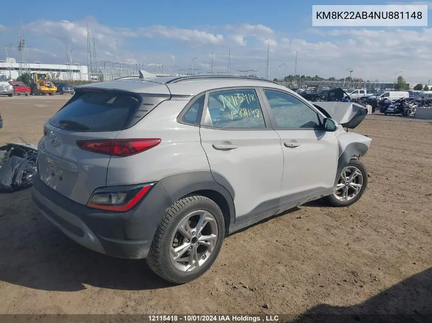 2022 Hyundai Kona Sel/Se VIN: KM8K22AB4NU881148 Lot: 12115418