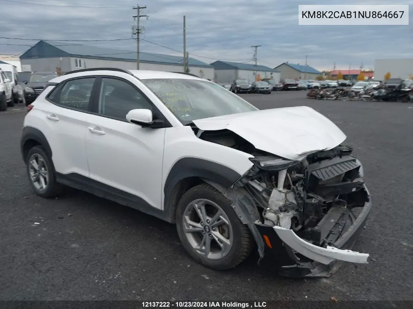 2022 Hyundai Kona Sel/Se VIN: KM8K2CAB1NU864667 Lot: 12137222