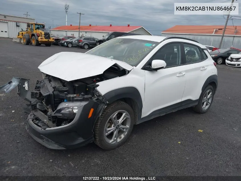 2022 Hyundai Kona Sel/Se VIN: KM8K2CAB1NU864667 Lot: 12137222