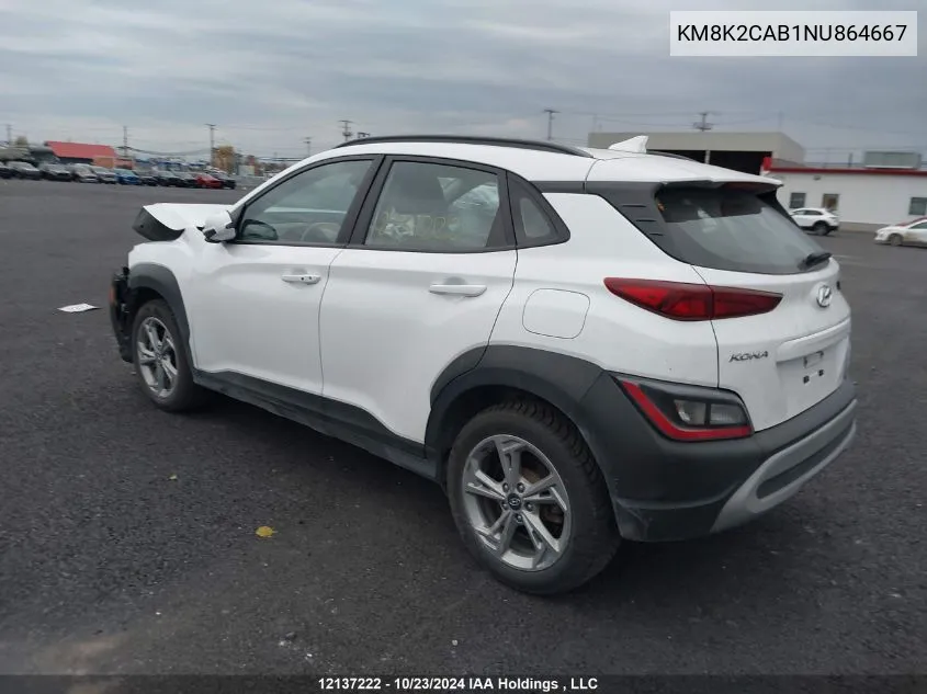 2022 Hyundai Kona Sel/Se VIN: KM8K2CAB1NU864667 Lot: 12137222