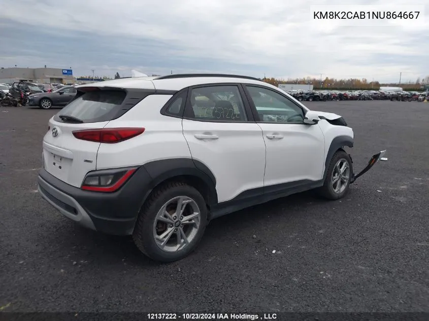 2022 Hyundai Kona Sel/Se VIN: KM8K2CAB1NU864667 Lot: 12137222