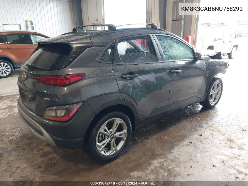 2022 Hyundai Kona Sel VIN: KM8K3CAB6NU758292 Lot: 39672418