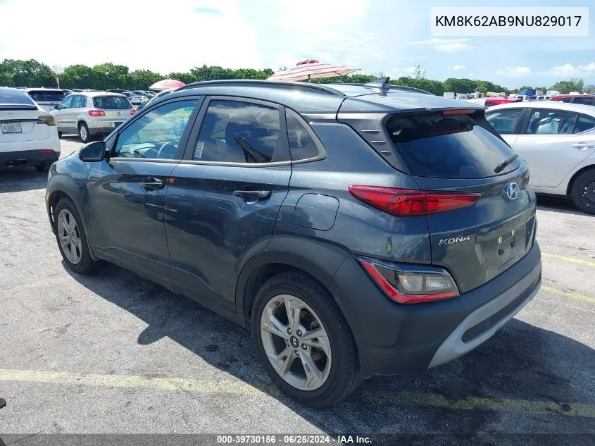 2022 Hyundai Kona Sel VIN: KM8K62AB9NU829017 Lot: 39730156