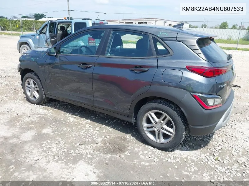 2022 Hyundai Kona Se VIN: KM8K22AB4NU807633 Lot: 39829514