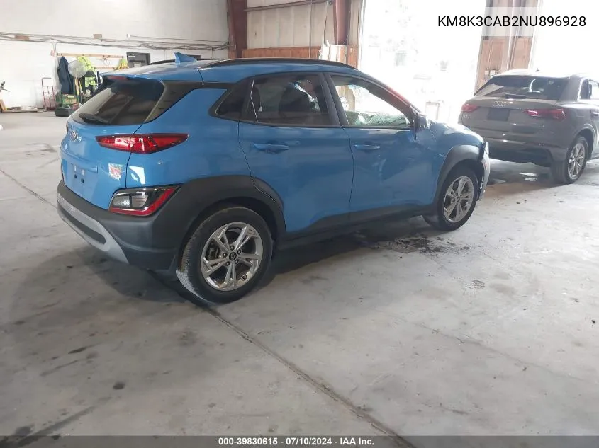 2022 Hyundai Kona Sel VIN: KM8K3CAB2NU896928 Lot: 39830615