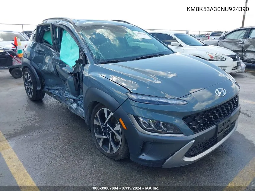 2022 Hyundai Kona Limited VIN: KM8K53A30NU924390 Lot: 39887894