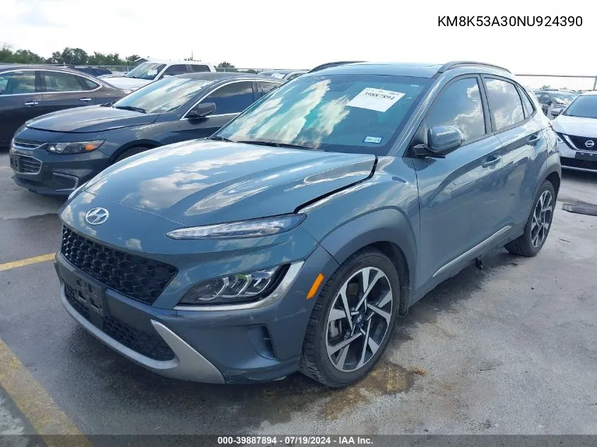 2022 Hyundai Kona Limited VIN: KM8K53A30NU924390 Lot: 39887894