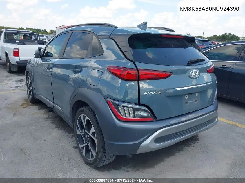 2022 Hyundai Kona Limited VIN: KM8K53A30NU924390 Lot: 39887894