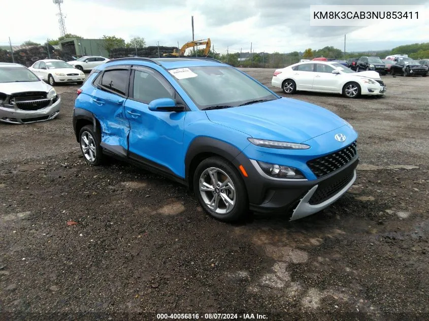 2022 Hyundai Kona Sel VIN: KM8K3CAB3NU853411 Lot: 40056816