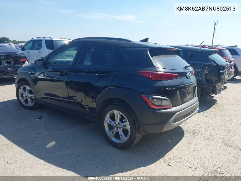 2022 Hyundai Kona Sel VIN: KM8K62AB7NU802513 Lot: 40089626