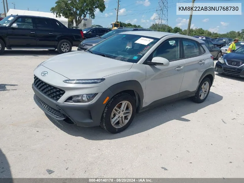 2022 Hyundai Kona Se VIN: KM8K22AB3NU768730 Lot: 40140178