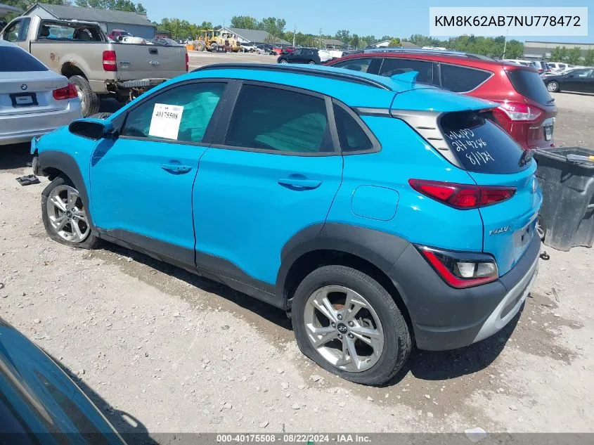 2022 Hyundai Kona Sel VIN: KM8K62AB7NU778472 Lot: 40175508