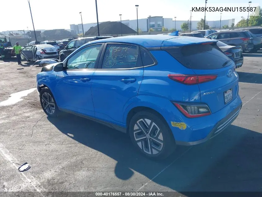 2022 Hyundai Kona Electric Limited VIN: KM8K53AG4NU155587 Lot: 40176557