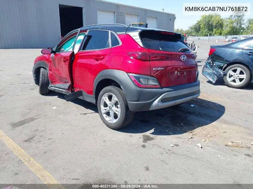 2022 Hyundai Kona Sel VIN: KM8K6CAB7NU761872 Lot: 40231380