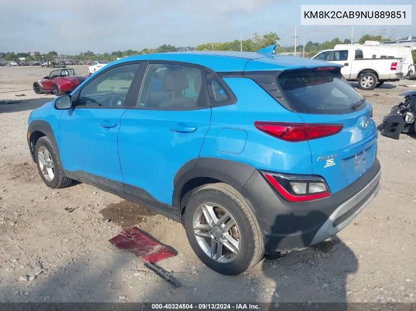 2022 Hyundai Kona Sel/Se VIN: KM8K2CAB9NU889851 Lot: 40324504