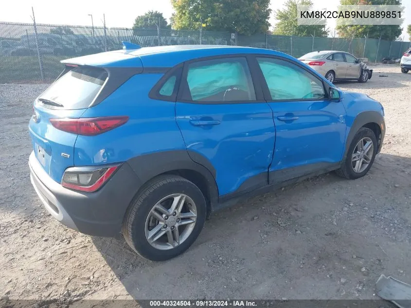 2022 Hyundai Kona Sel/Se VIN: KM8K2CAB9NU889851 Lot: 40324504