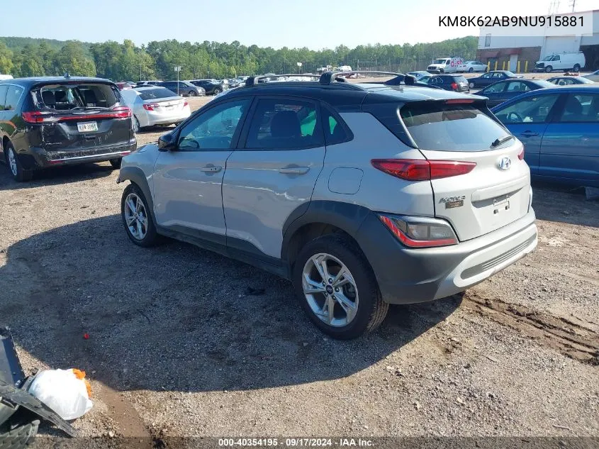 2022 Hyundai Kona Sel VIN: KM8K62AB9NU915881 Lot: 40354195