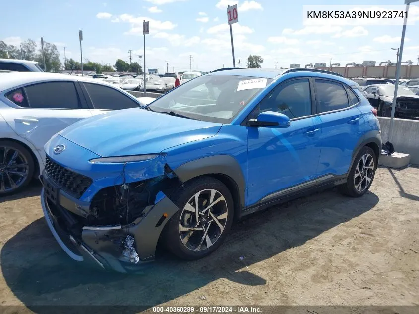 2022 Hyundai Kona Limited VIN: KM8K53A39NU923741 Lot: 40360289