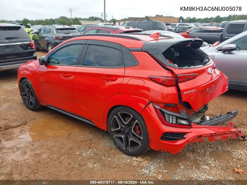 2022 Hyundai Kona N VIN: KM8KH3AC6NU005078 Lot: 40375717