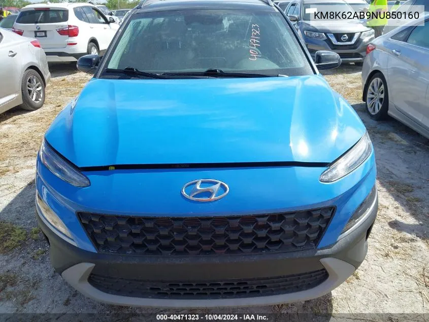 2022 Hyundai Kona Sel VIN: KM8K62AB9NU850160 Lot: 40471323