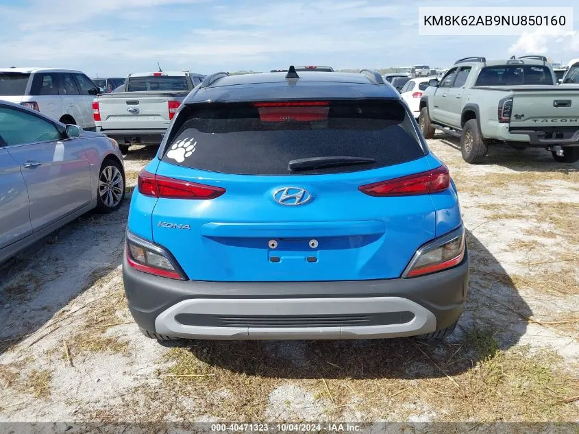 2022 Hyundai Kona Sel VIN: KM8K62AB9NU850160 Lot: 40471323