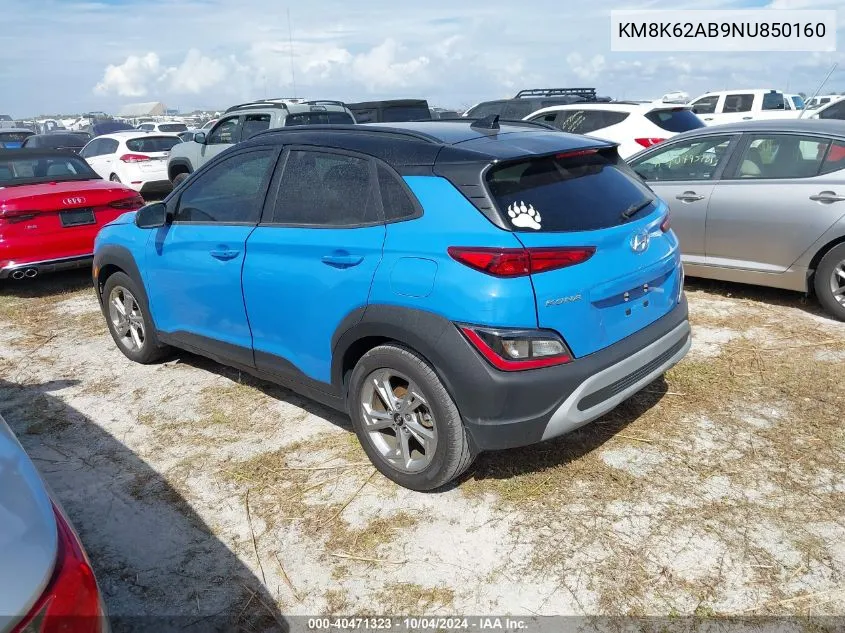 2022 Hyundai Kona Sel VIN: KM8K62AB9NU850160 Lot: 40471323