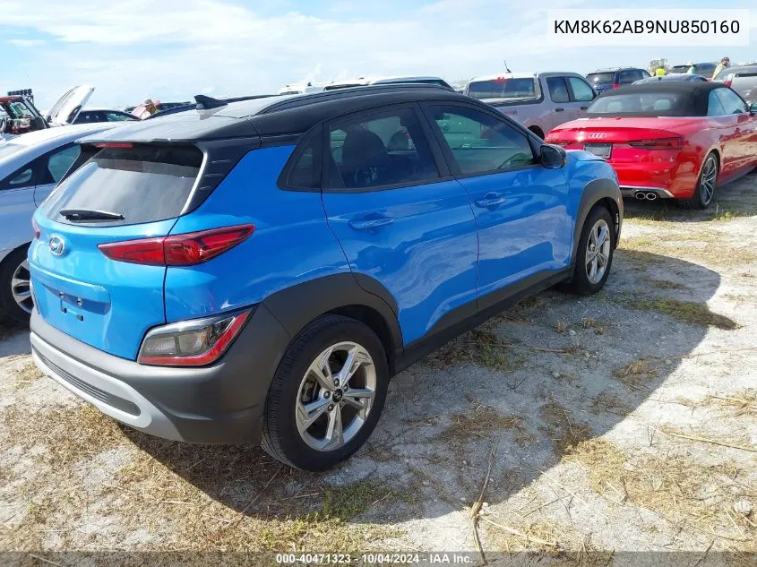 2022 Hyundai Kona Sel VIN: KM8K62AB9NU850160 Lot: 40471323