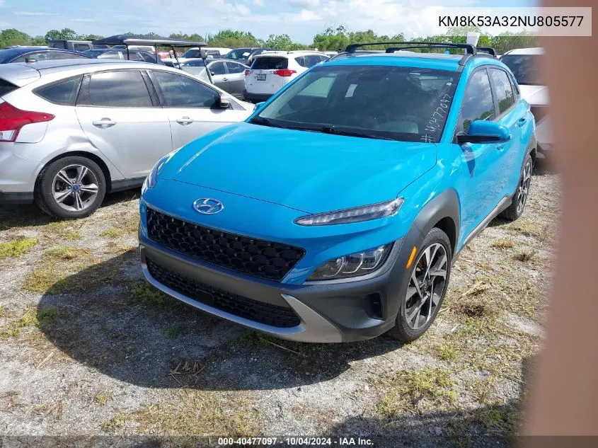 2022 Hyundai Kona Limited VIN: KM8K53A32NU805577 Lot: 40477097