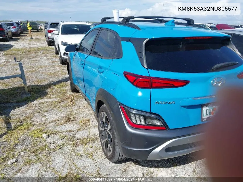 2022 Hyundai Kona Limited VIN: KM8K53A32NU805577 Lot: 40477097