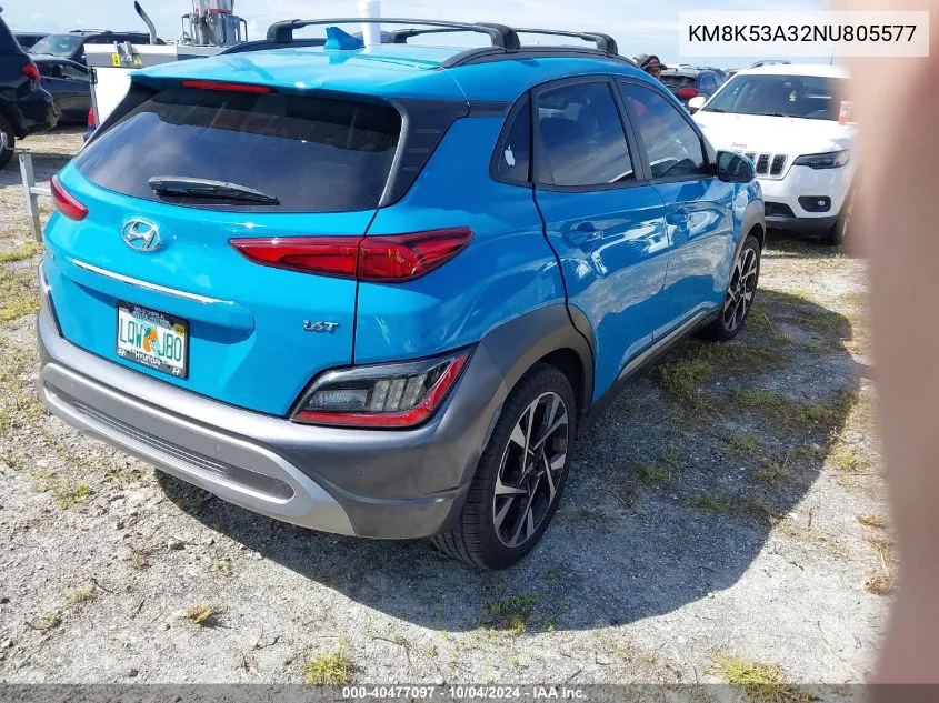 2022 Hyundai Kona Limited VIN: KM8K53A32NU805577 Lot: 40477097