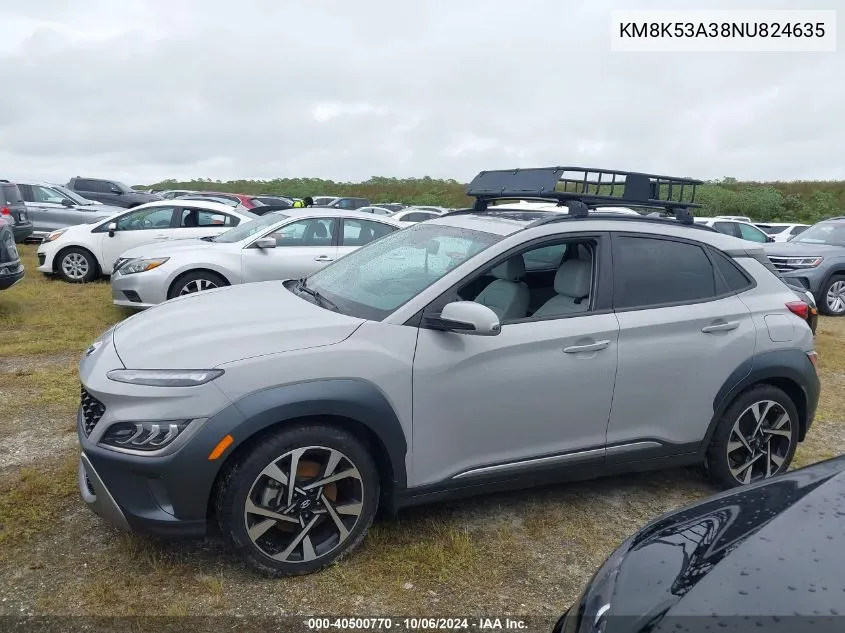 2022 Hyundai Kona Limited VIN: KM8K53A38NU824635 Lot: 40500770