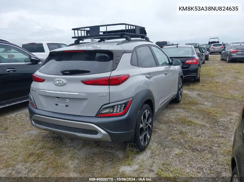 2022 Hyundai Kona Limited VIN: KM8K53A38NU824635 Lot: 40500770