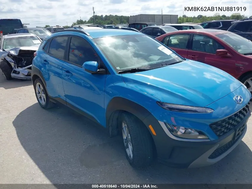 2022 Hyundai Kona Sel VIN: KM8K62AB1NU881919 Lot: 40518640