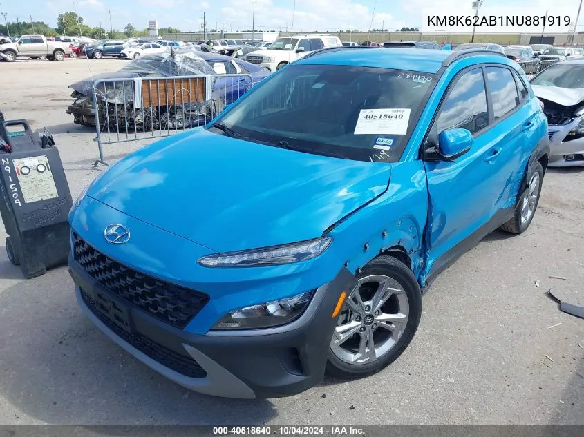 2022 Hyundai Kona Sel VIN: KM8K62AB1NU881919 Lot: 40518640