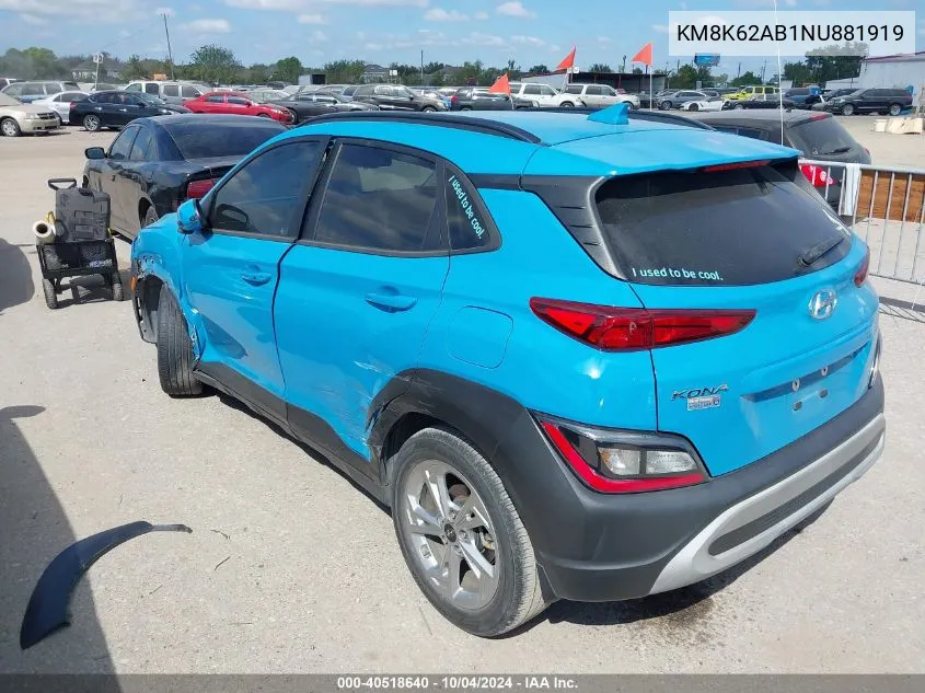 2022 Hyundai Kona Sel VIN: KM8K62AB1NU881919 Lot: 40518640