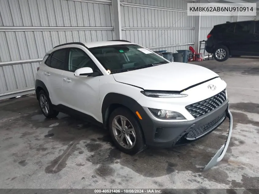 2022 Hyundai Kona Sel VIN: KM8K62AB6NU910914 Lot: 40531406