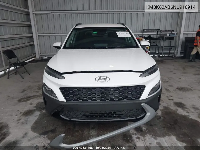 2022 Hyundai Kona Sel VIN: KM8K62AB6NU910914 Lot: 40531406