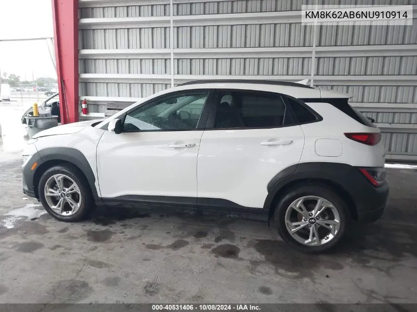 2022 Hyundai Kona Sel VIN: KM8K62AB6NU910914 Lot: 40531406