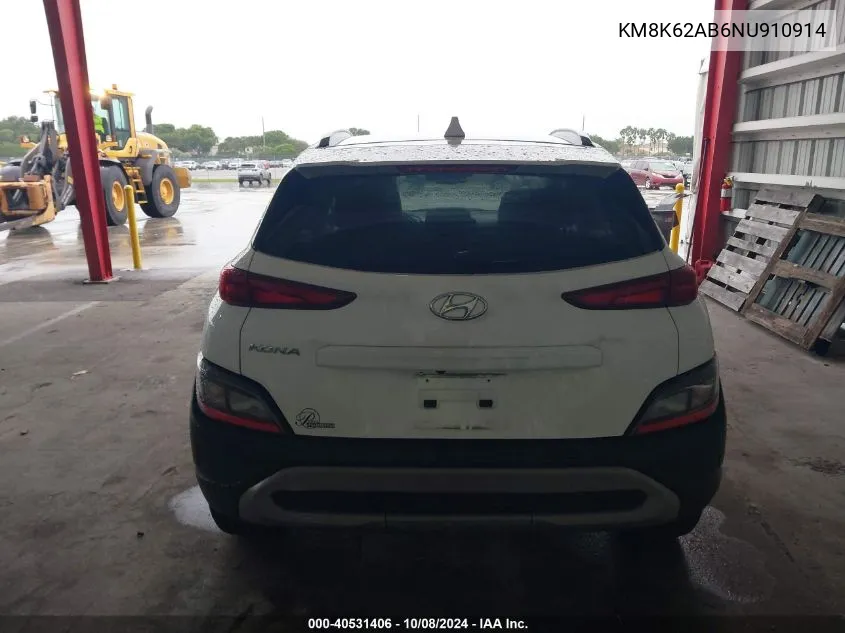 2022 Hyundai Kona Sel VIN: KM8K62AB6NU910914 Lot: 40531406